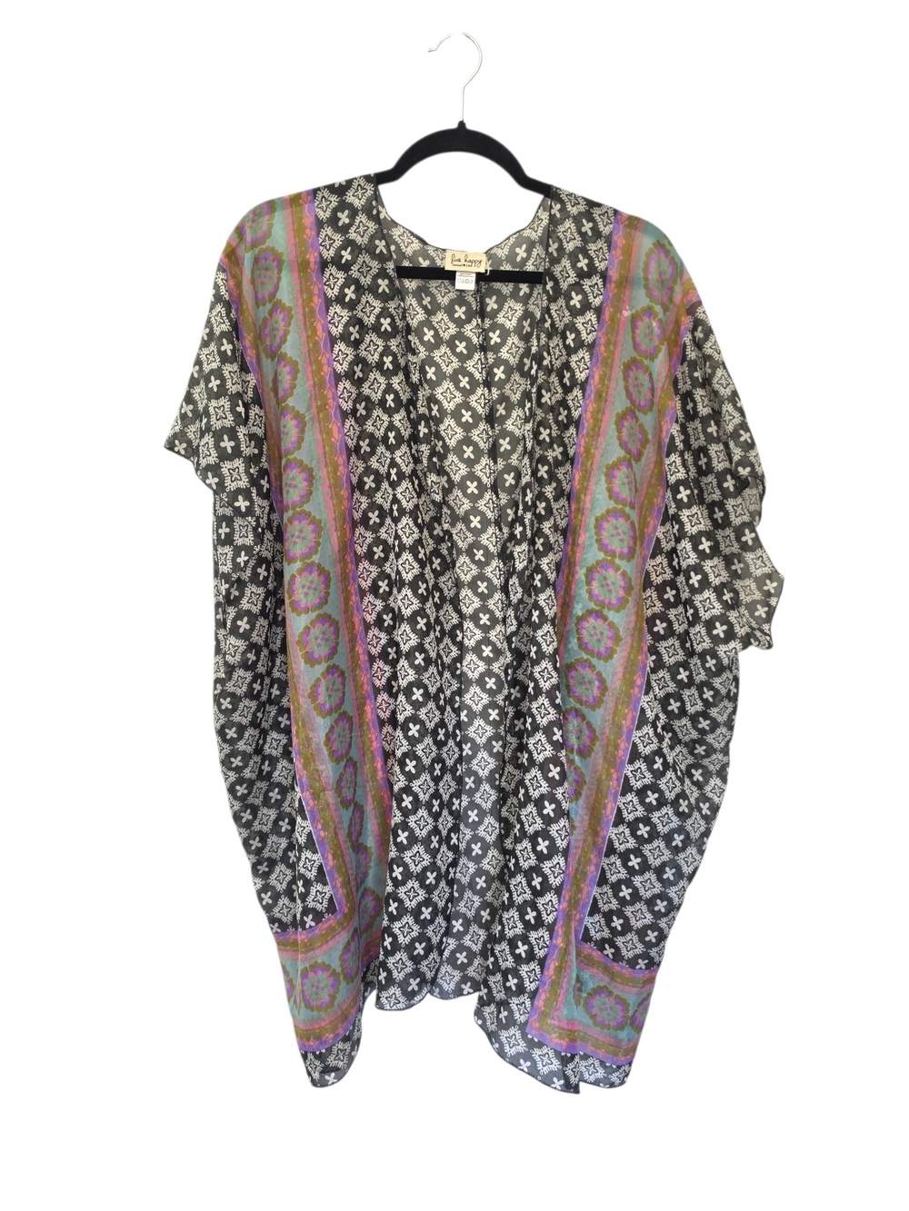 Natural Life Black Patterned Multicolor Sheer Kimono Cover-Up One Size